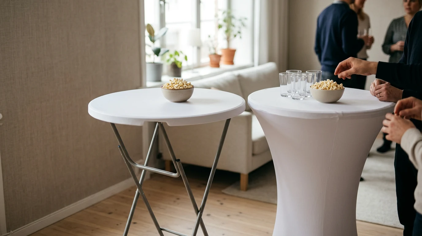 Två ståbord, varav ett med vitt överdrag, med popcornskålar och gäster i en ljus lokal.