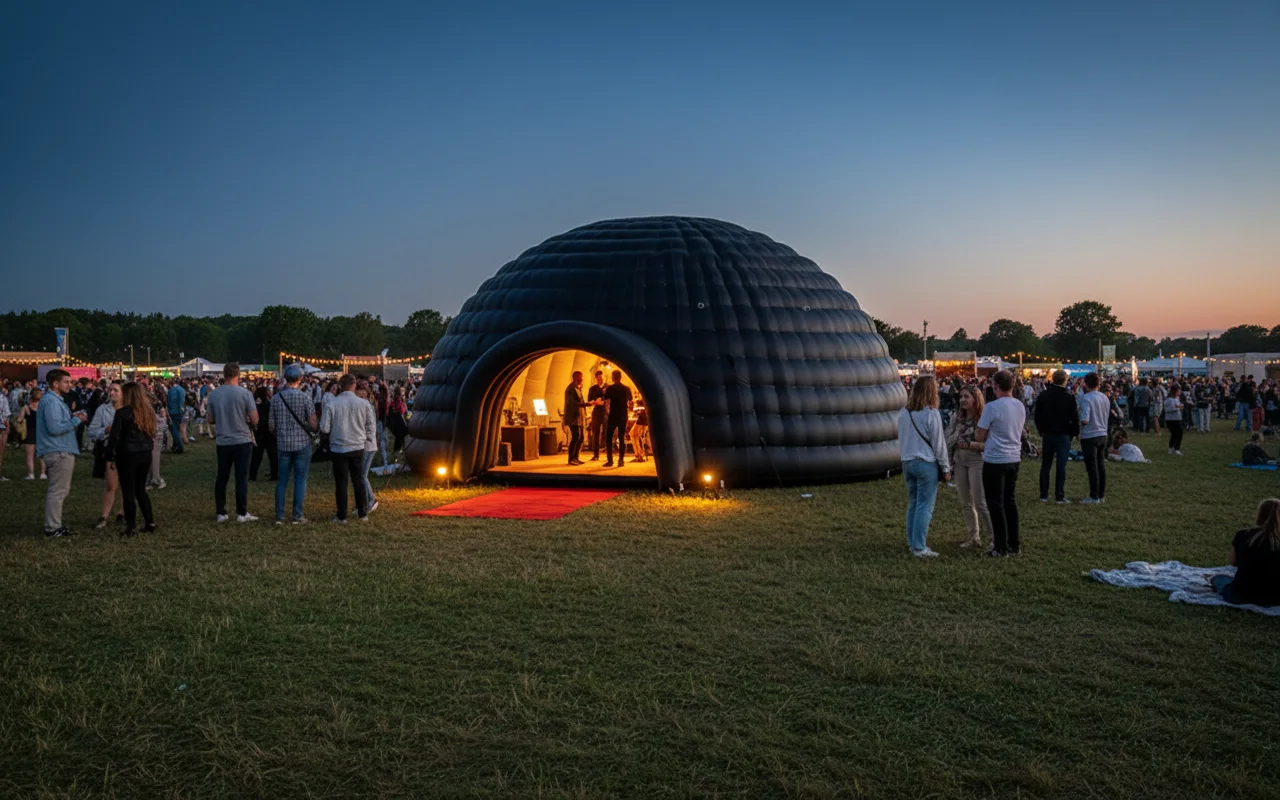 Svart uppblåsbar Igloo som VIP- och klubbyta på ett festivalområde i kvällsljus