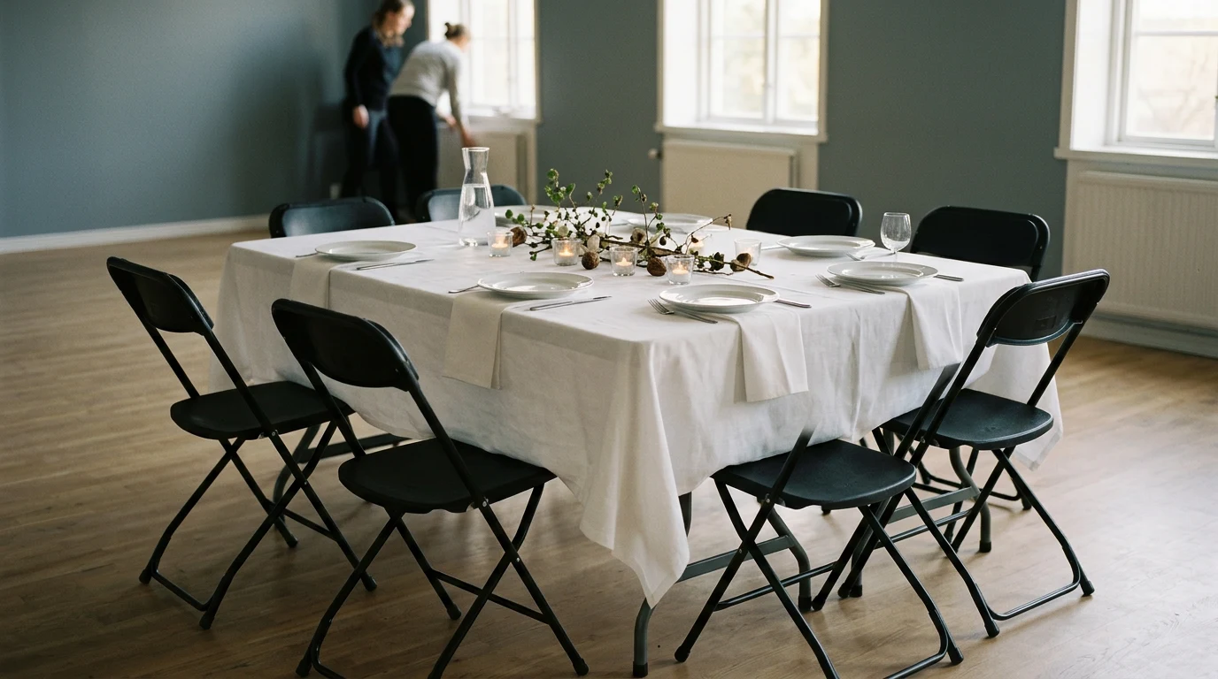 Dukat sittbord med vit duk, vita servetter och svarta klappstolar i en ljus festlokal.