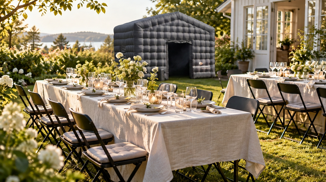 Dukade festbord med klappstolar i en trädgård, med separat buffébord och gott om plats mellan sittgrupperna.