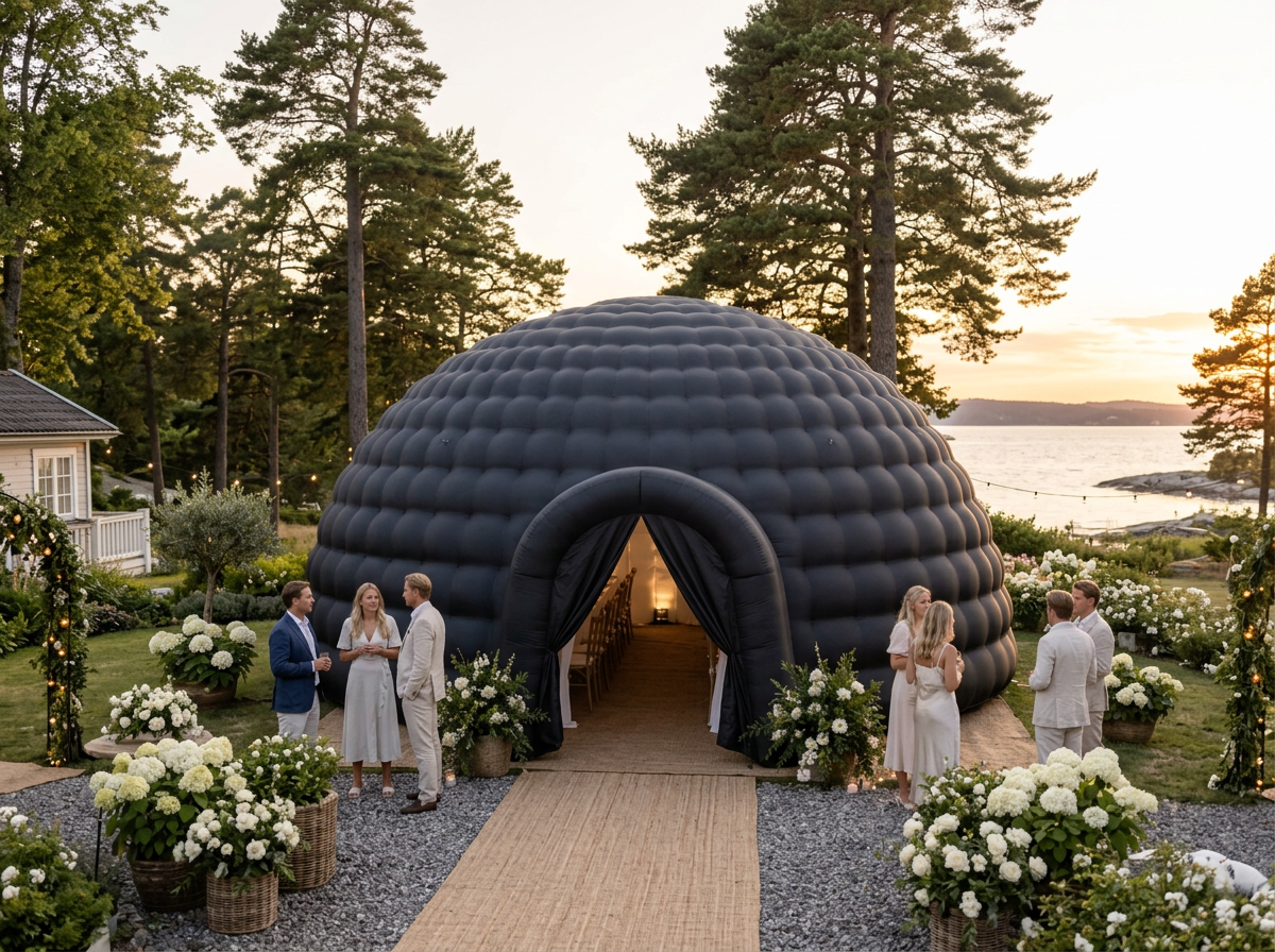 Vitt uppblåsbart partytält med luftfyllda bågar och dukade bord och stolar för ett mindre bröllop i en grön trädgård.
