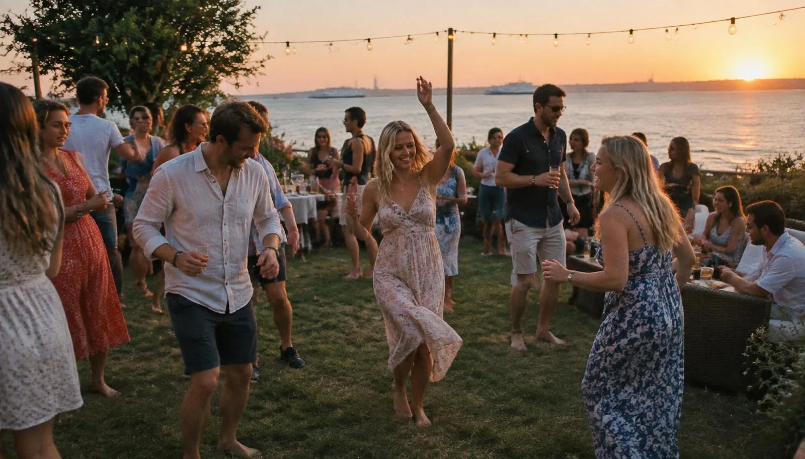 Dans på gräsmatta vid havet i solnedgång