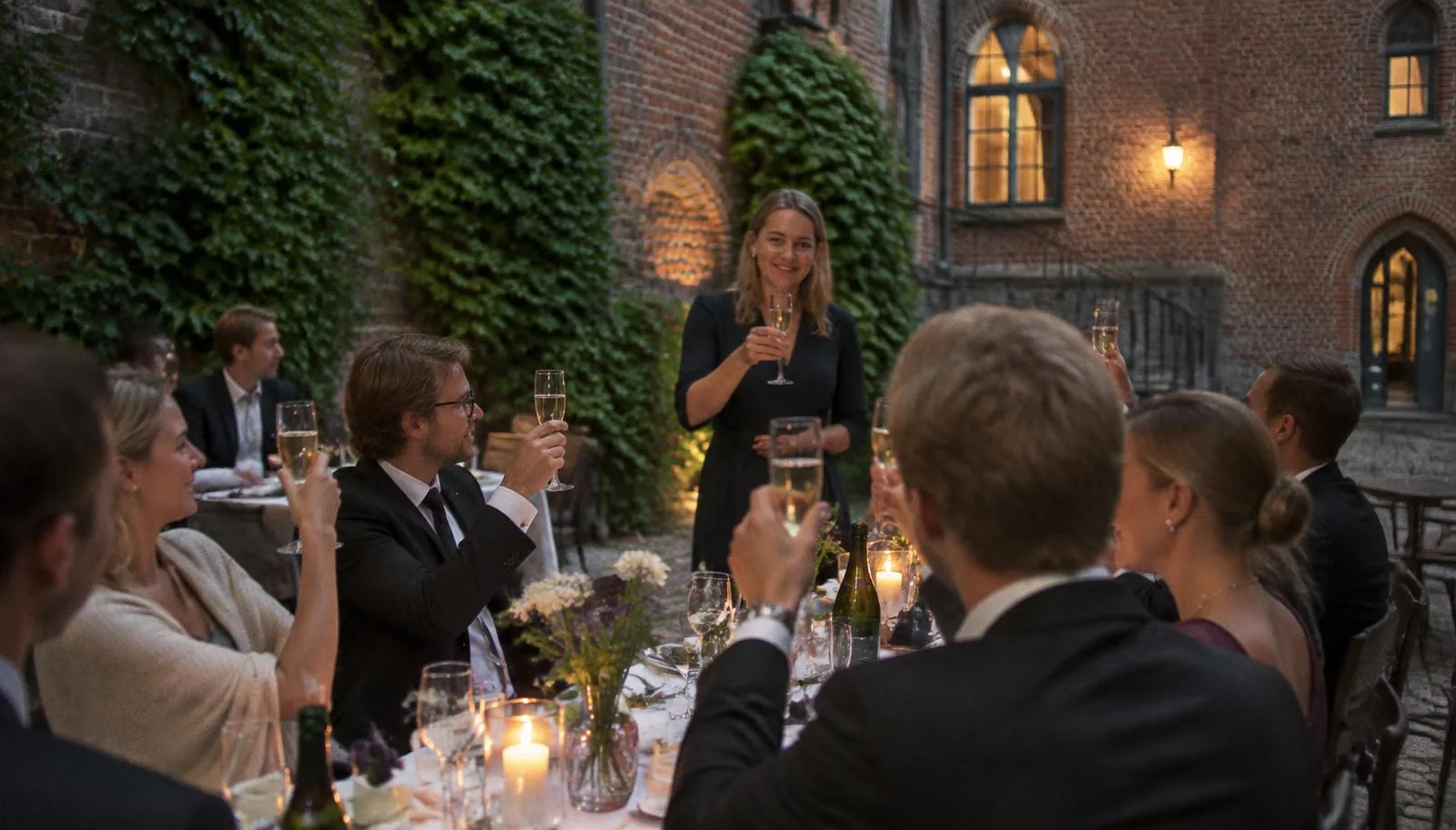 Skål på innergård med tegelfasad