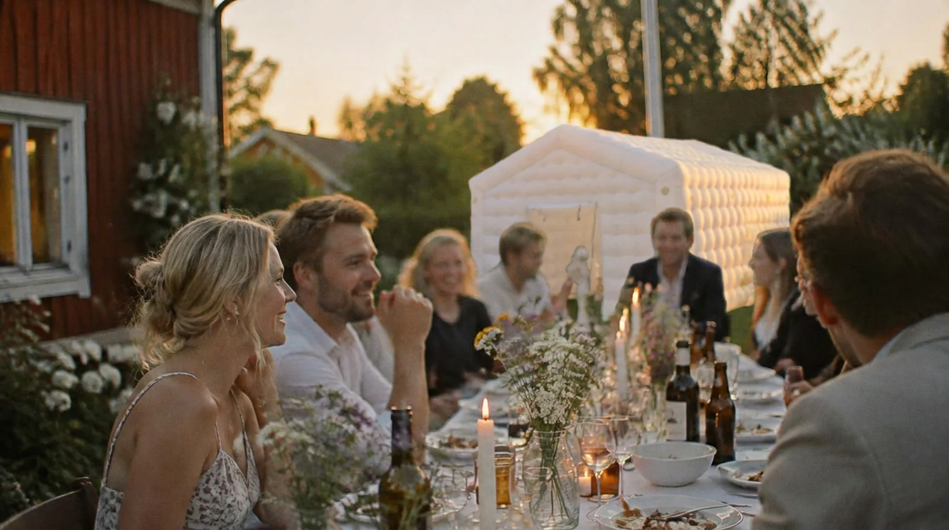 Middag i trädgård en sommarkväll